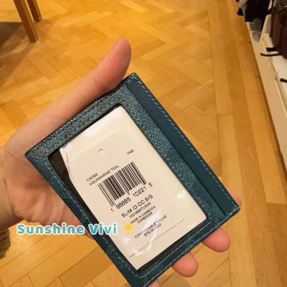 NWT Coach Slim Id Card Case In Signature Canvas CW366 Aquamarine Teal - Picture 3 of 5